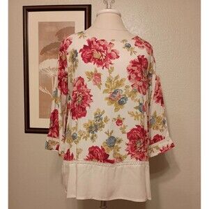 J. Jill Tunic Blouse Women's Small Floral 3/4 Sleeve Cream Red Top